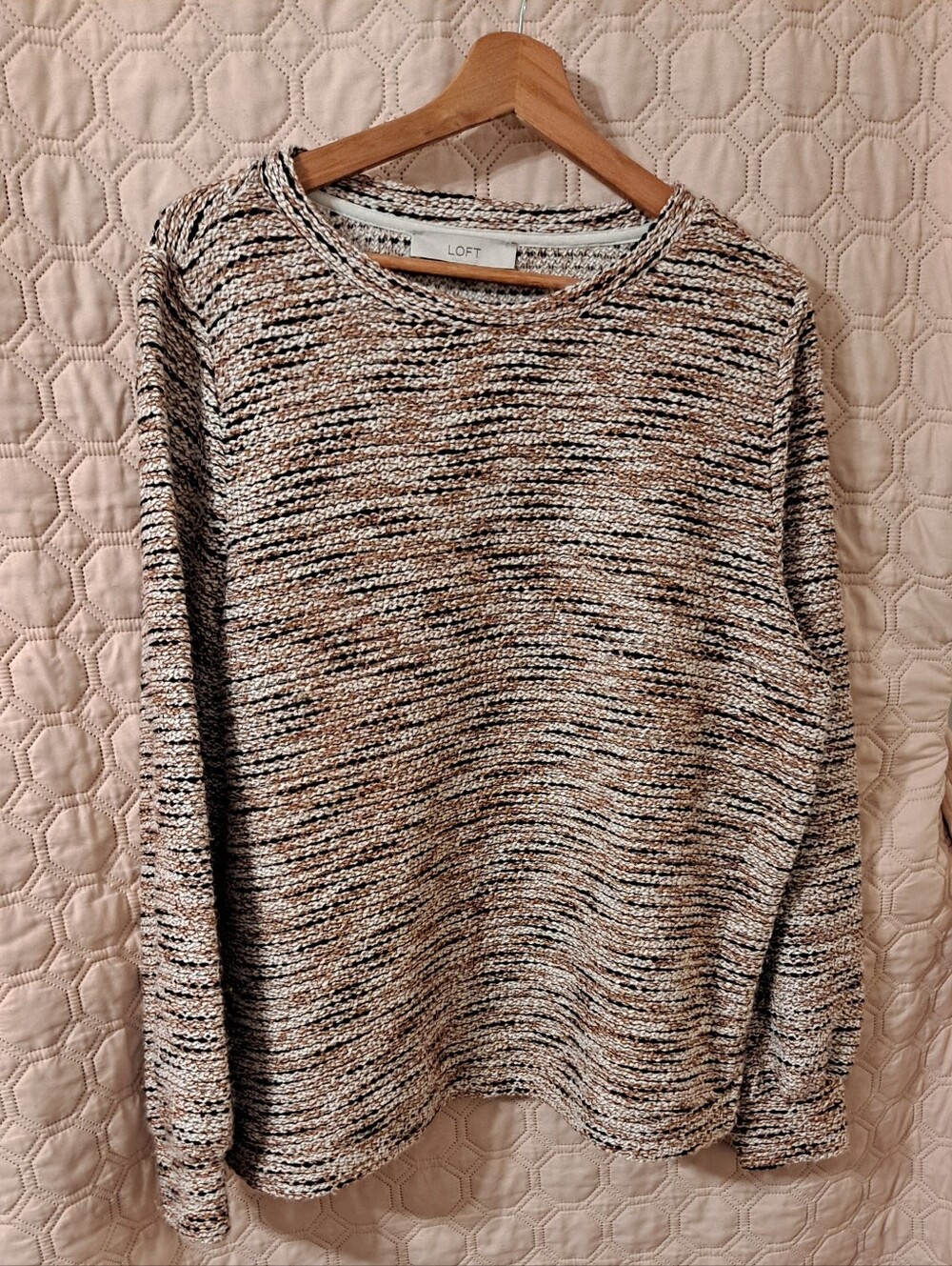 LOFT Neutral Marled Crewneck Sweater in Beige and Black Sz L